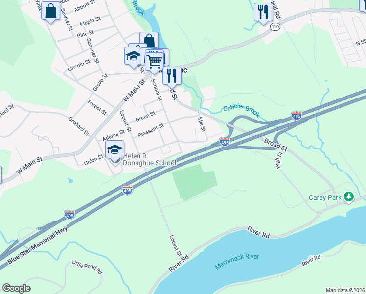 map of restaurants, bars, coffee shops, grocery stores, and more near 65 School Street in Merrimac