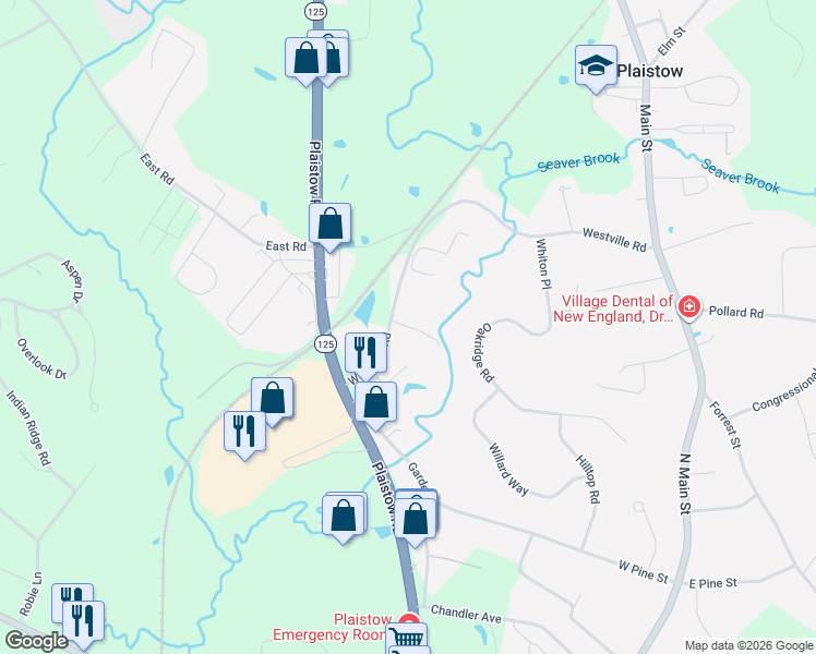 map of restaurants, bars, coffee shops, grocery stores, and more near 54 Westville Road in Plaistow