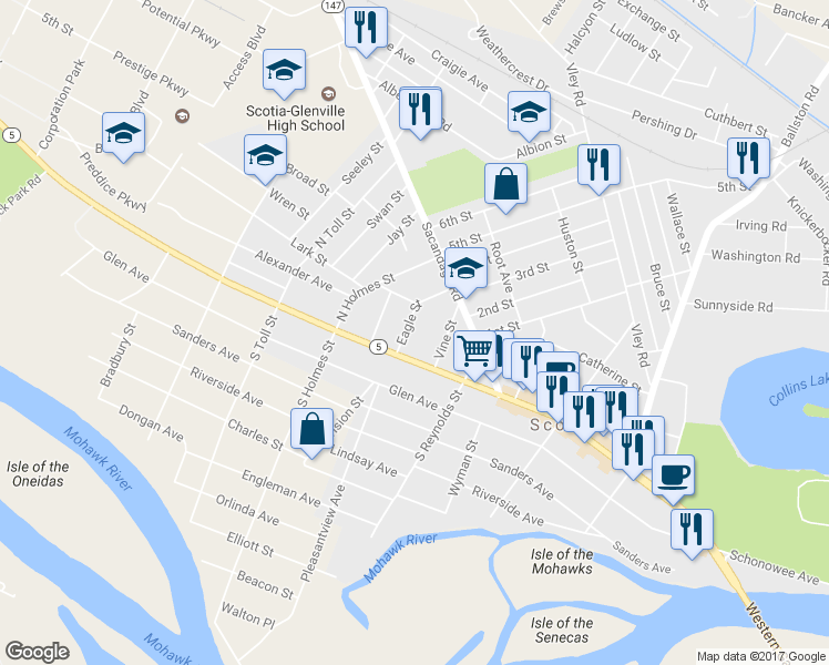 map of restaurants, bars, coffee shops, grocery stores, and more near 18 Eagle Street in Scotia