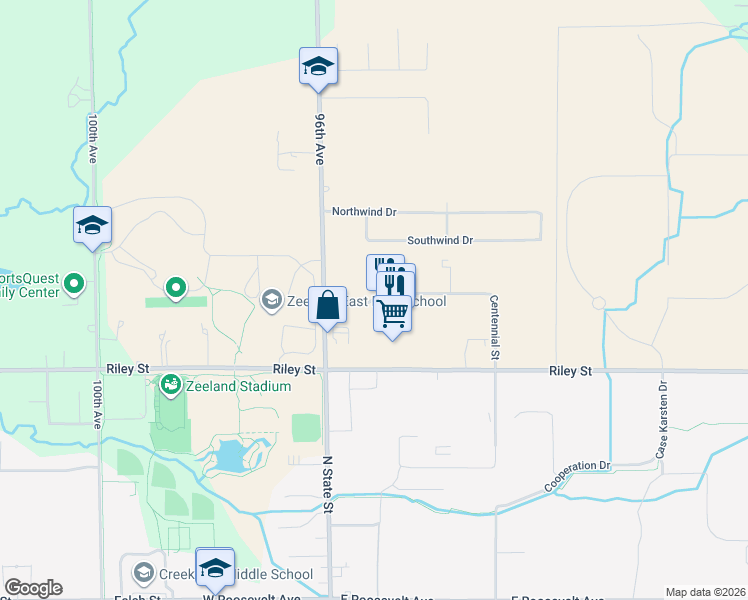 map of restaurants, bars, coffee shops, grocery stores, and more near 9517 Pentatech Drive in Zeeland