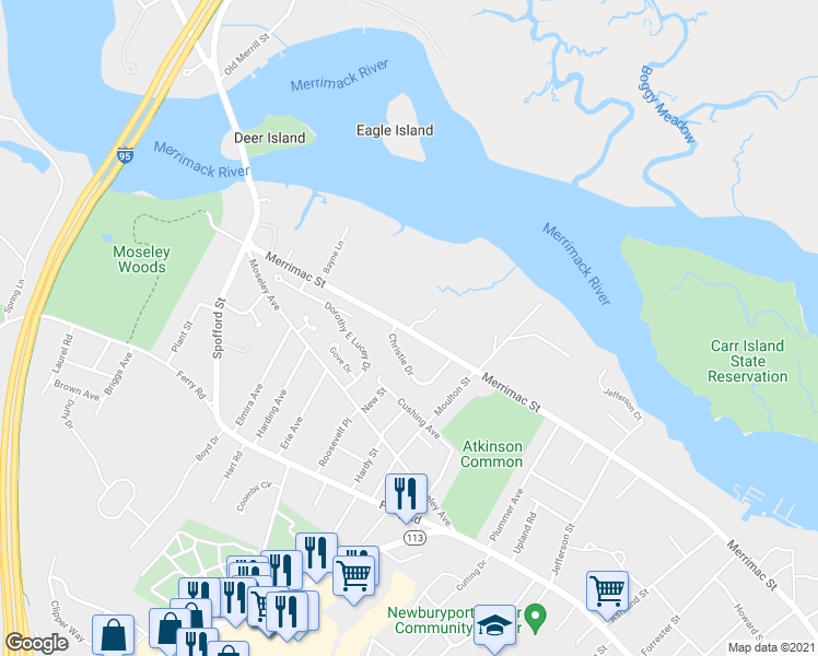 map of restaurants, bars, coffee shops, grocery stores, and more near 7 Marshview Way in Newburyport