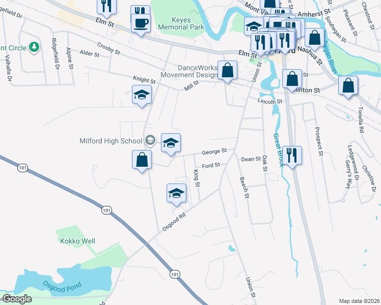 map of restaurants, bars, coffee shops, grocery stores, and more near 41 George Street in Milford