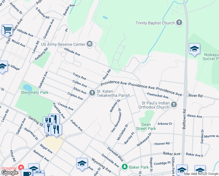 map of restaurants, bars, coffee shops, grocery stores, and more near 1662 Providence Avenue in Schenectady County
