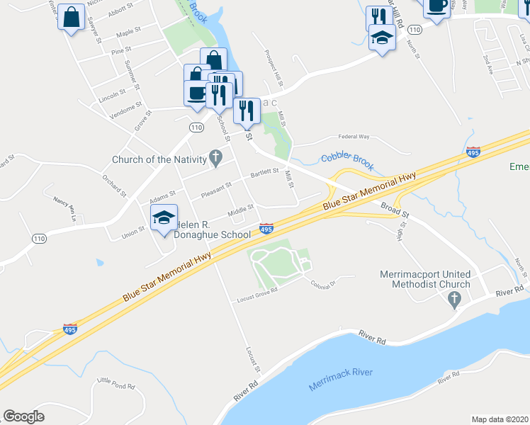 map of restaurants, bars, coffee shops, grocery stores, and more near 55 School Street in Merrimac