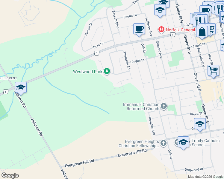 map of restaurants, bars, coffee shops, grocery stores, and more near 52-64 Fernwood Drive in Simcoe