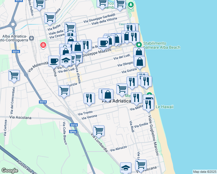 map of restaurants, bars, coffee shops, grocery stores, and more near 27 Via Rovigo in Alba Adriatica