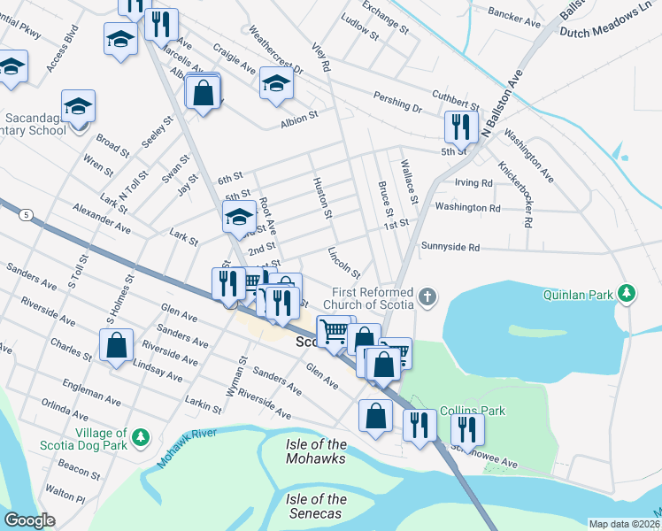 map of restaurants, bars, coffee shops, grocery stores, and more near 211 Lincoln Street in Scotia