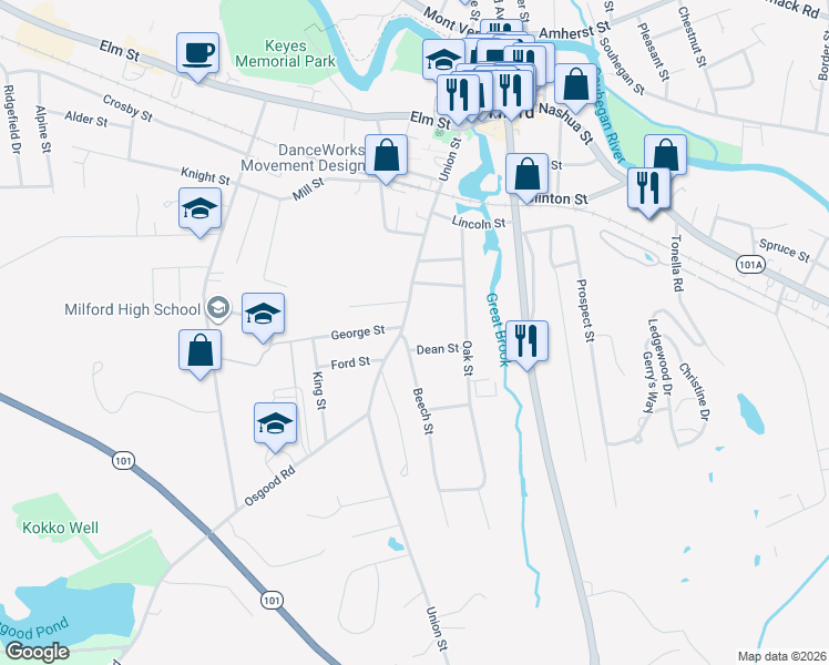 map of restaurants, bars, coffee shops, grocery stores, and more near 80 Union Street in Milford