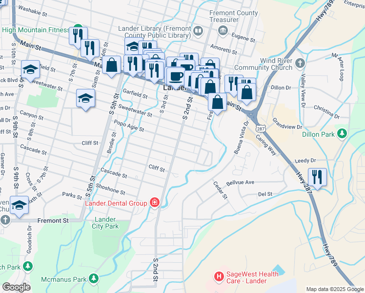 map of restaurants, bars, coffee shops, grocery stores, and more near 415 South 2nd Street in Lander