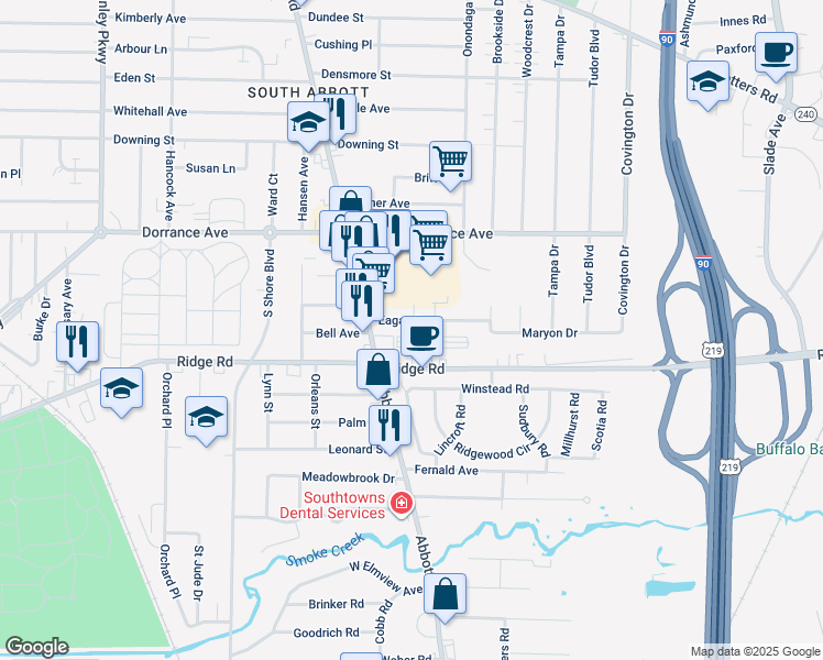 map of restaurants, bars, coffee shops, grocery stores, and more near 62 Eagan Drive in Buffalo