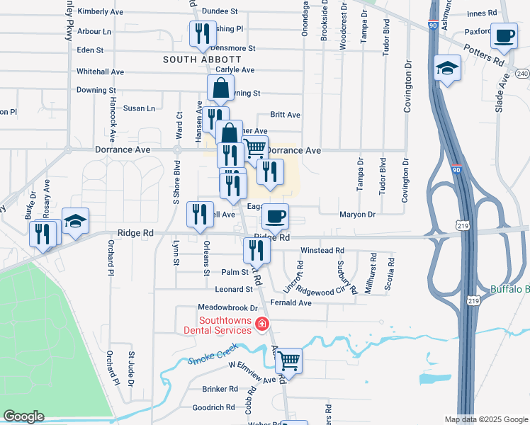 map of restaurants, bars, coffee shops, grocery stores, and more near 24 Eagan Drive in Buffalo
