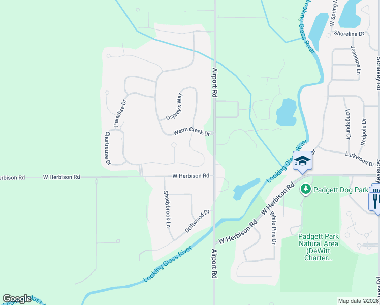 map of restaurants, bars, coffee shops, grocery stores, and more near 4101 Presidents Way in DeWitt