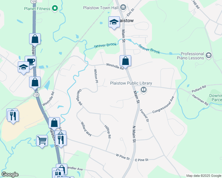 map of restaurants, bars, coffee shops, grocery stores, and more near 233 Oak Ridge Road in Plaistow