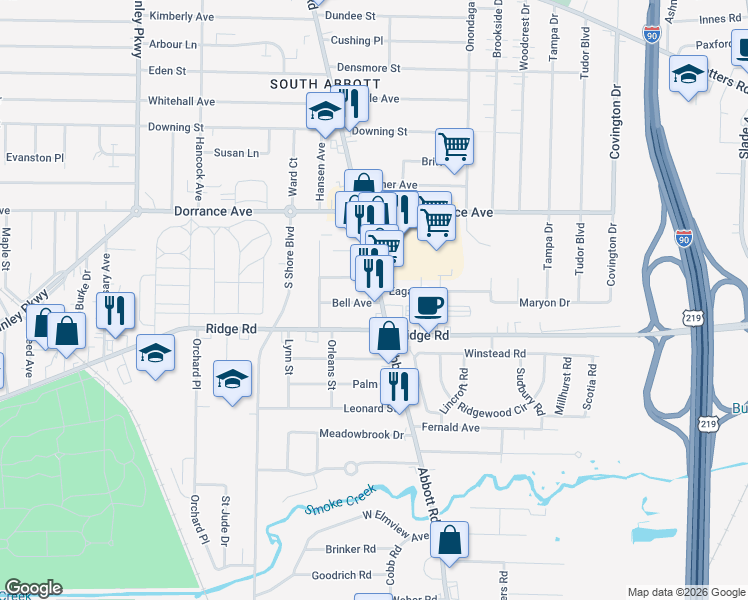 map of restaurants, bars, coffee shops, grocery stores, and more near 46 Bell Avenue in Lackawanna
