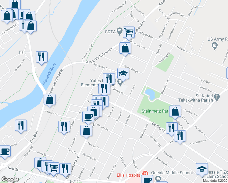 map of restaurants, bars, coffee shops, grocery stores, and more near 718 Salina Street in Schenectady