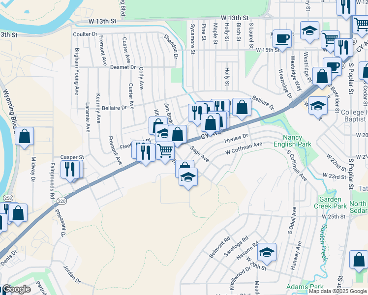map of restaurants, bars, coffee shops, grocery stores, and more near 2205 Wyoming 220 in Casper