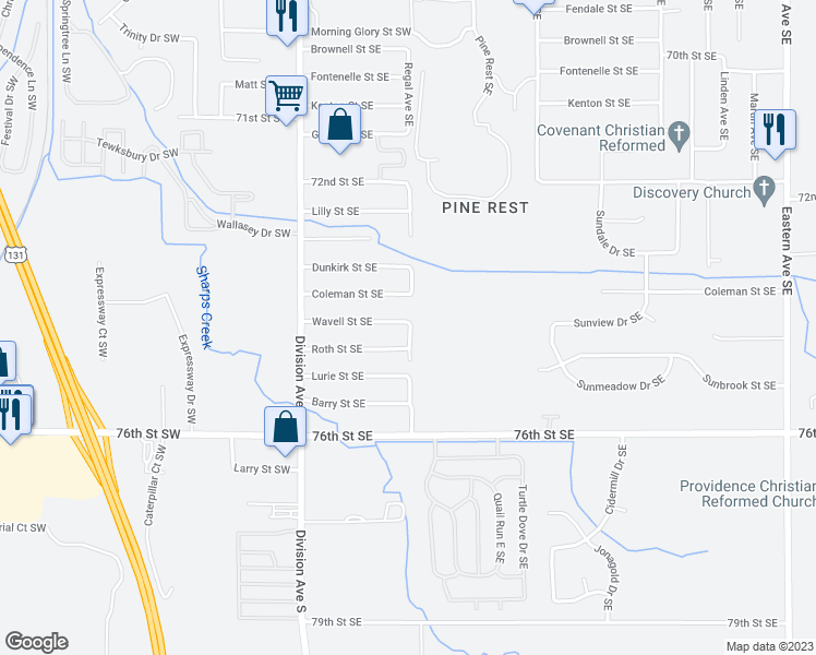 map of restaurants, bars, coffee shops, grocery stores, and more near 7421 Regal Avenue Southeast in Grand Rapids