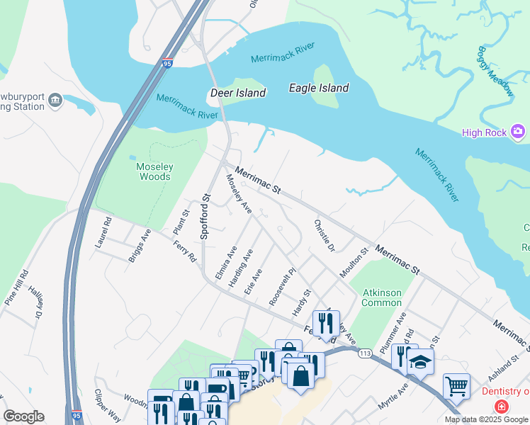 map of restaurants, bars, coffee shops, grocery stores, and more near 13 Dorothy E Lucey Drive in Newburyport