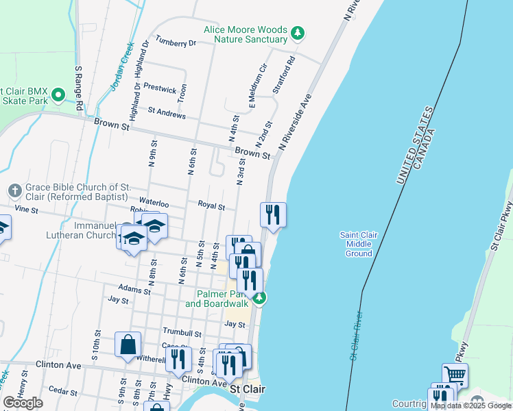 map of restaurants, bars, coffee shops, grocery stores, and more near 579 North Riverside Avenue in Saint Clair