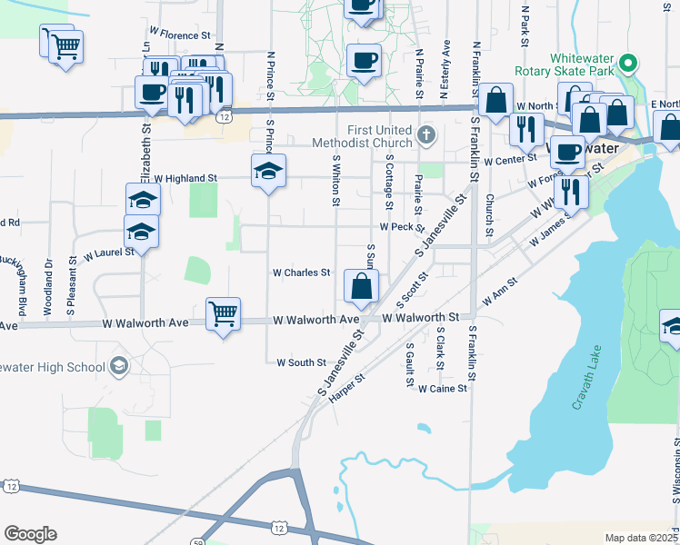 map of restaurants, bars, coffee shops, grocery stores, and more near 348 South Whiton Street in Whitewater