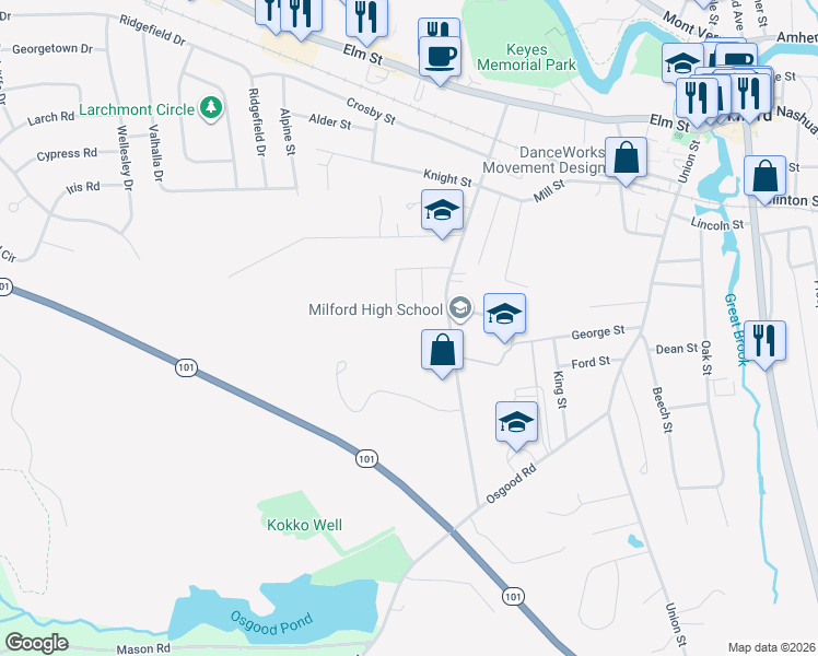 map of restaurants, bars, coffee shops, grocery stores, and more near 22 Edgewood Street in Milford