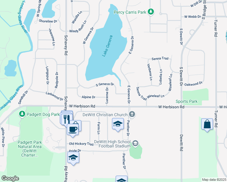 map of restaurants, bars, coffee shops, grocery stores, and more near 1125 South Geneva Drive in DeWitt