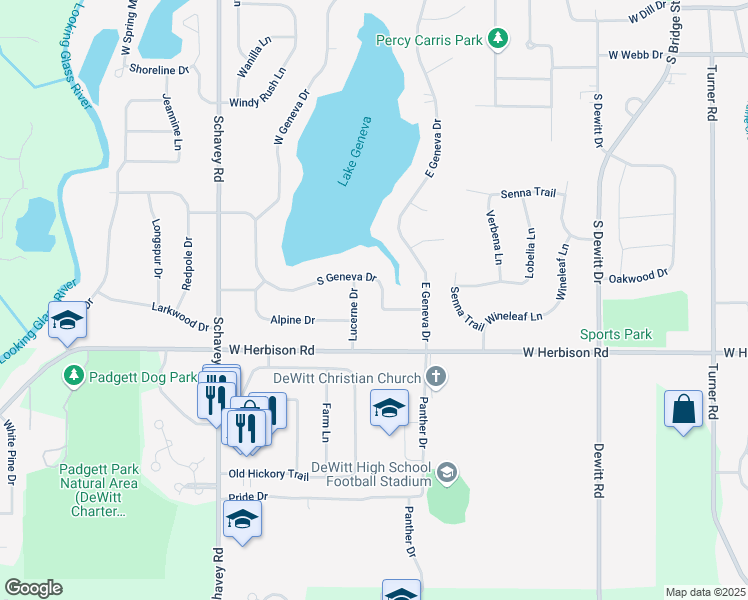 map of restaurants, bars, coffee shops, grocery stores, and more near 1125 South Geneva Drive in DeWitt