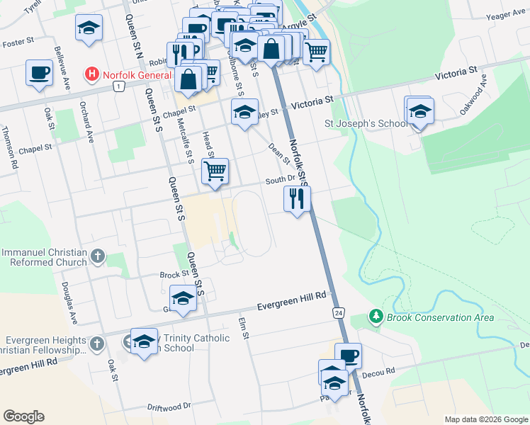 map of restaurants, bars, coffee shops, grocery stores, and more near 298 John Street in Simcoe