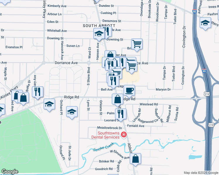 map of restaurants, bars, coffee shops, grocery stores, and more near 46 Bell Avenue in Lackawanna