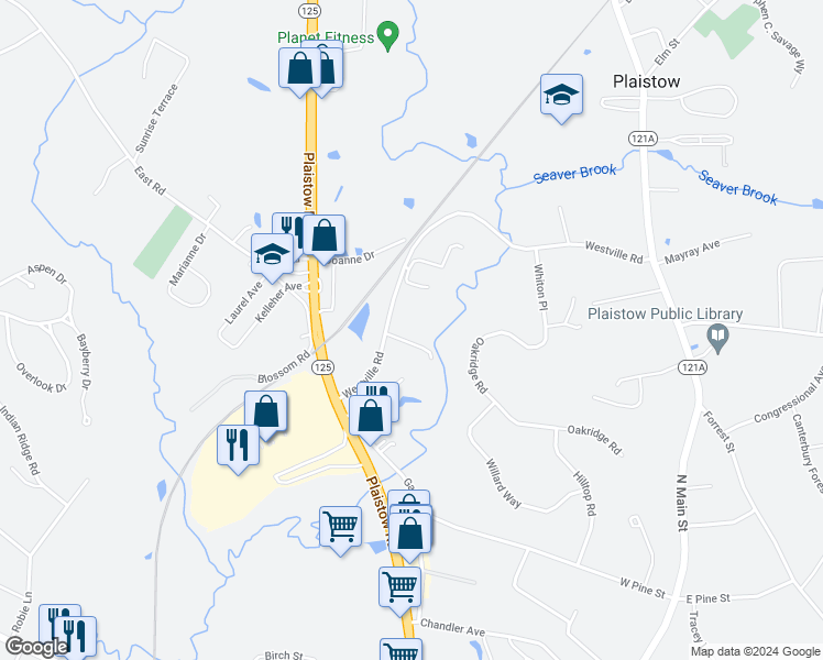 map of restaurants, bars, coffee shops, grocery stores, and more near 54 Westville Road in Plaistow