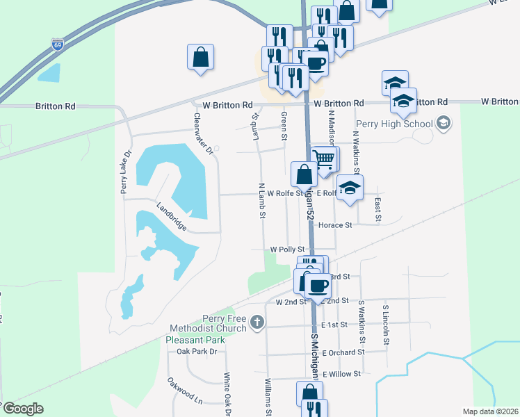 map of restaurants, bars, coffee shops, grocery stores, and more near 355 Lamb Street in Perry