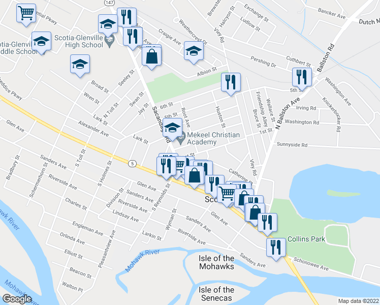 map of restaurants, bars, coffee shops, grocery stores, and more near 308 1st Street in Scotia