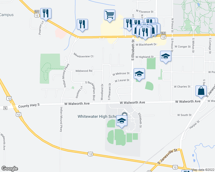 map of restaurants, bars, coffee shops, grocery stores, and more near 404 South Pleasant Street in Whitewater