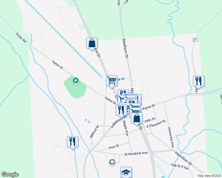 map of restaurants, bars, coffee shops, grocery stores, and more near 55 Utica St in Hamilton