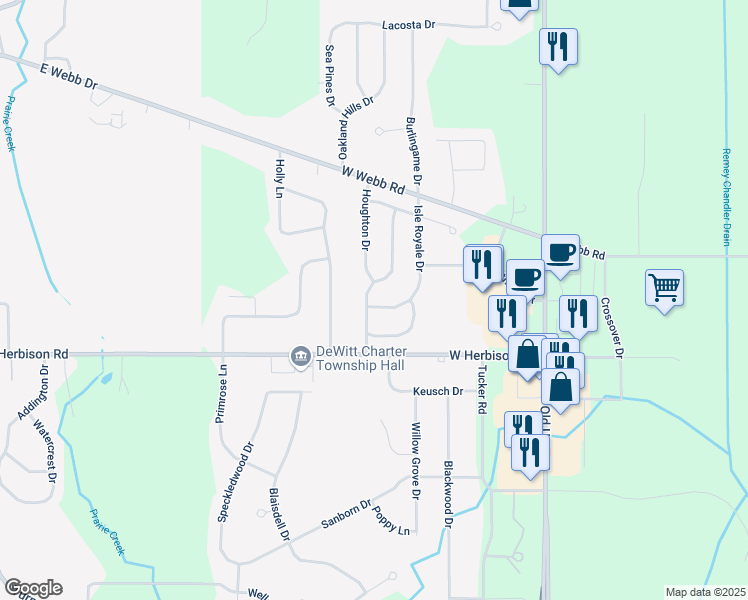 map of restaurants, bars, coffee shops, grocery stores, and more near 12884 Isle Royale Drive in DeWitt