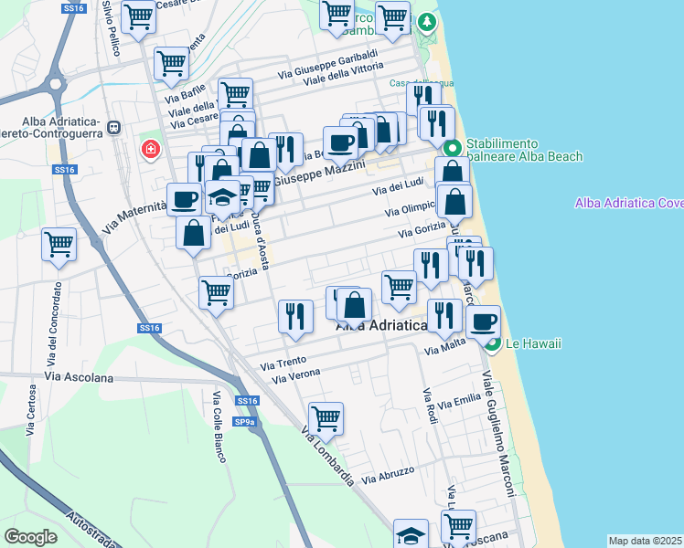 map of restaurants, bars, coffee shops, grocery stores, and more near 23a Via Piacenza in Alba Adriatica