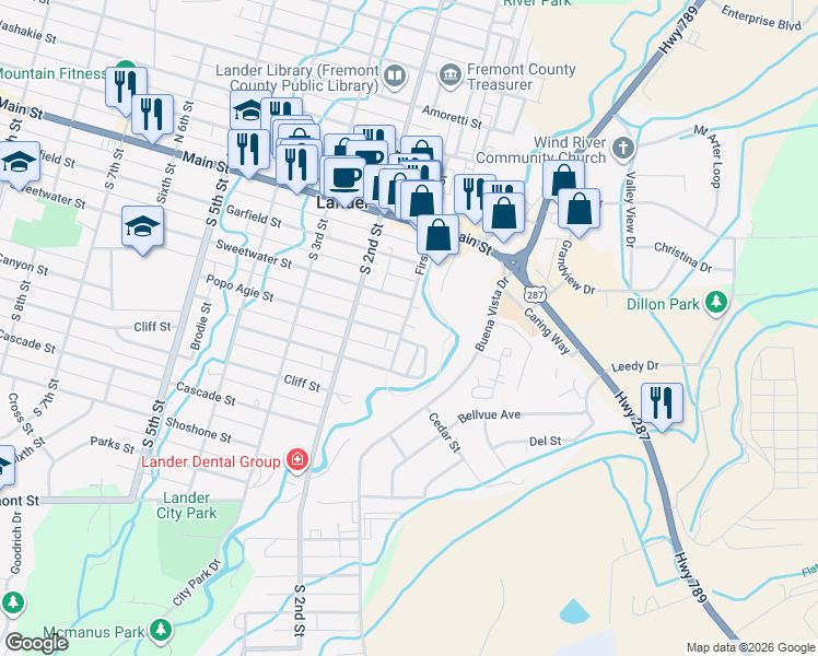map of restaurants, bars, coffee shops, grocery stores, and more near 350 South 1st Street in Lander