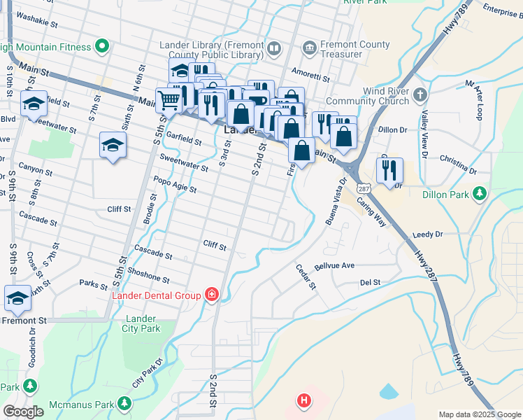 map of restaurants, bars, coffee shops, grocery stores, and more near 130 Popo Agie St in Lander