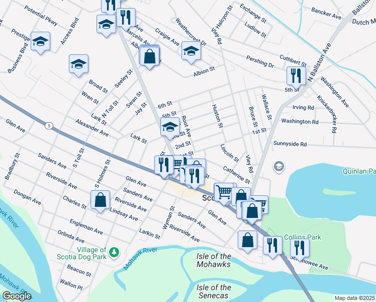 map of restaurants, bars, coffee shops, grocery stores, and more near 308 1st Street in Scotia