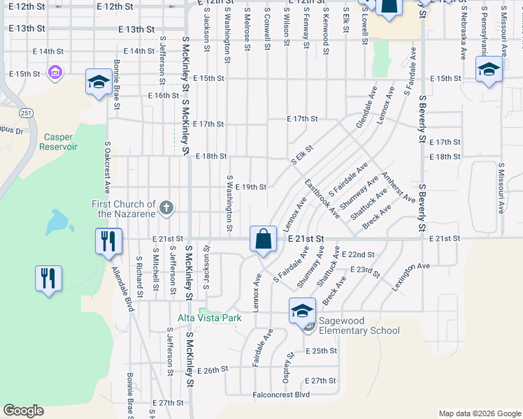 map of restaurants, bars, coffee shops, grocery stores, and more near 1948 South Conwell Street in Casper