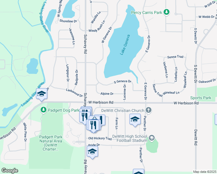 map of restaurants, bars, coffee shops, grocery stores, and more near 1225 South Geneva Drive in DeWitt