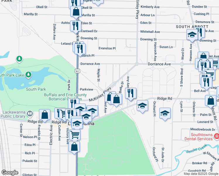 map of restaurants, bars, coffee shops, grocery stores, and more near McKinley Parkway in Lackawanna