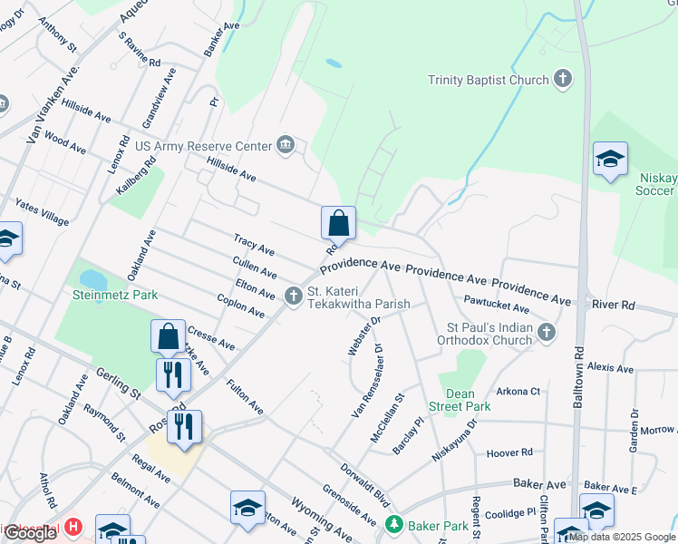 map of restaurants, bars, coffee shops, grocery stores, and more near 1662 Providence Avenue in Schenectady County