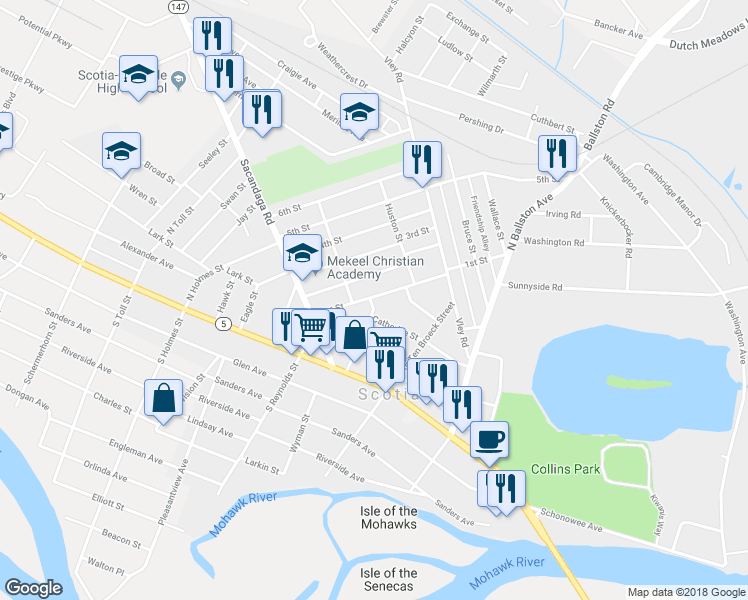 map of restaurants, bars, coffee shops, grocery stores, and more near 223 1st Street in Scotia