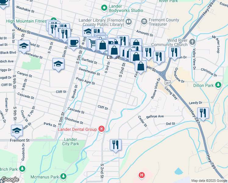 map of restaurants, bars, coffee shops, grocery stores, and more near 415 South 2nd Street in Lander
