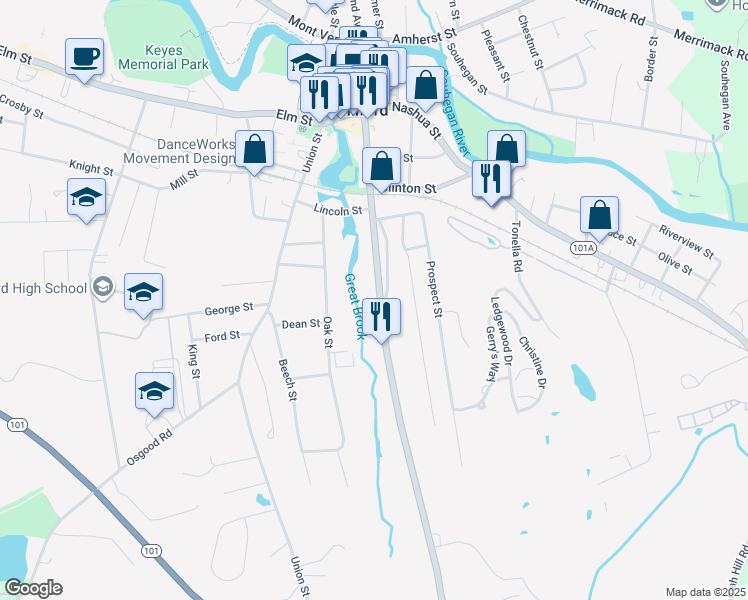 map of restaurants, bars, coffee shops, grocery stores, and more near 221 South Street in Milford