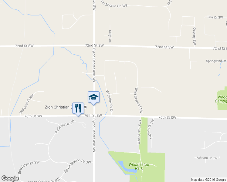 map of restaurants, bars, coffee shops, grocery stores, and more near 7443 Whistlehill Court Southwest in Byron Center