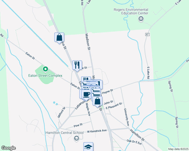 map of restaurants, bars, coffee shops, grocery stores, and more near 24 County Highway 83 in Hamilton