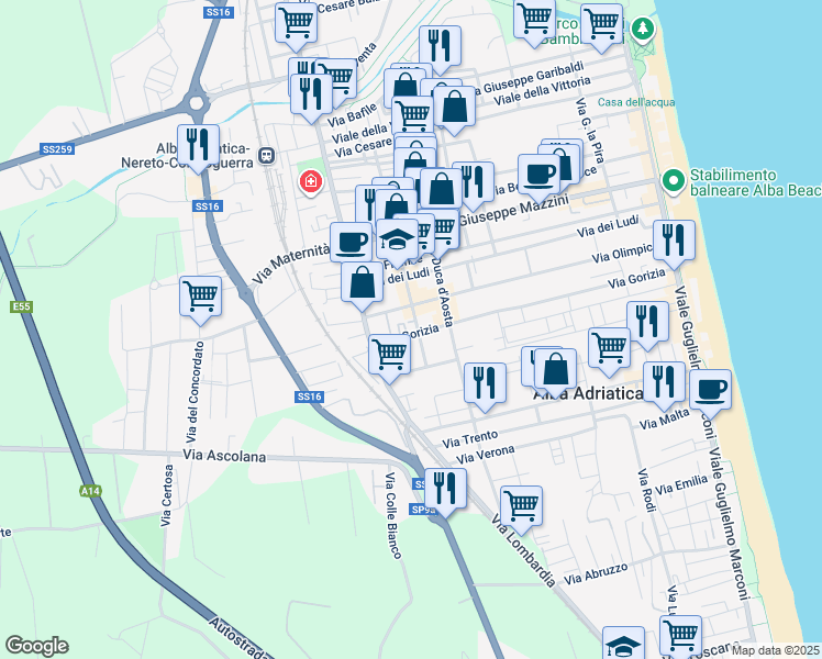 map of restaurants, bars, coffee shops, grocery stores, and more near 36 Via Gorizia in Alba Adriatica