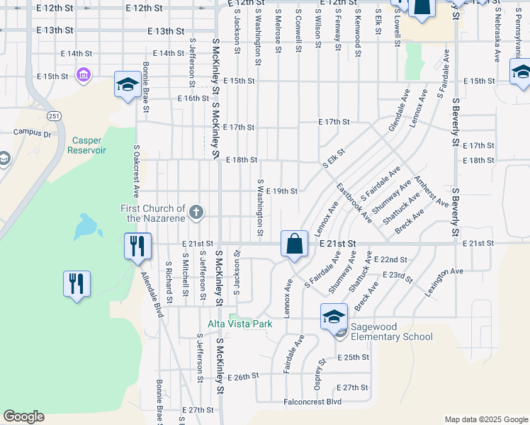 map of restaurants, bars, coffee shops, grocery stores, and more near 1931 South Washington Street in Casper